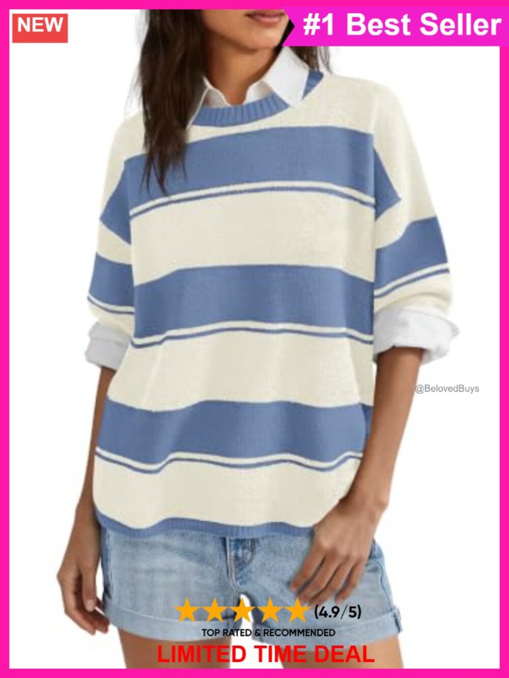 Womens Striped Short Sleeve Sweater Pullover Crew Neck Lightweight